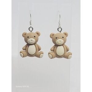 Handcrafted Tan Bear Dangle Drop Earrings NEW‎ 1.0" Lobe Area Lightweight Casual